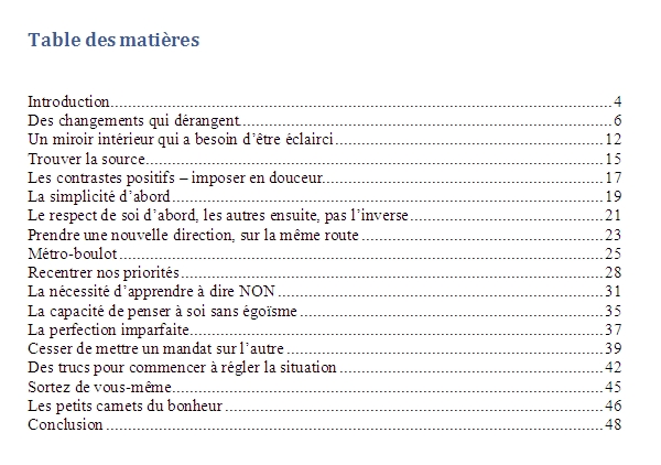 table des matières